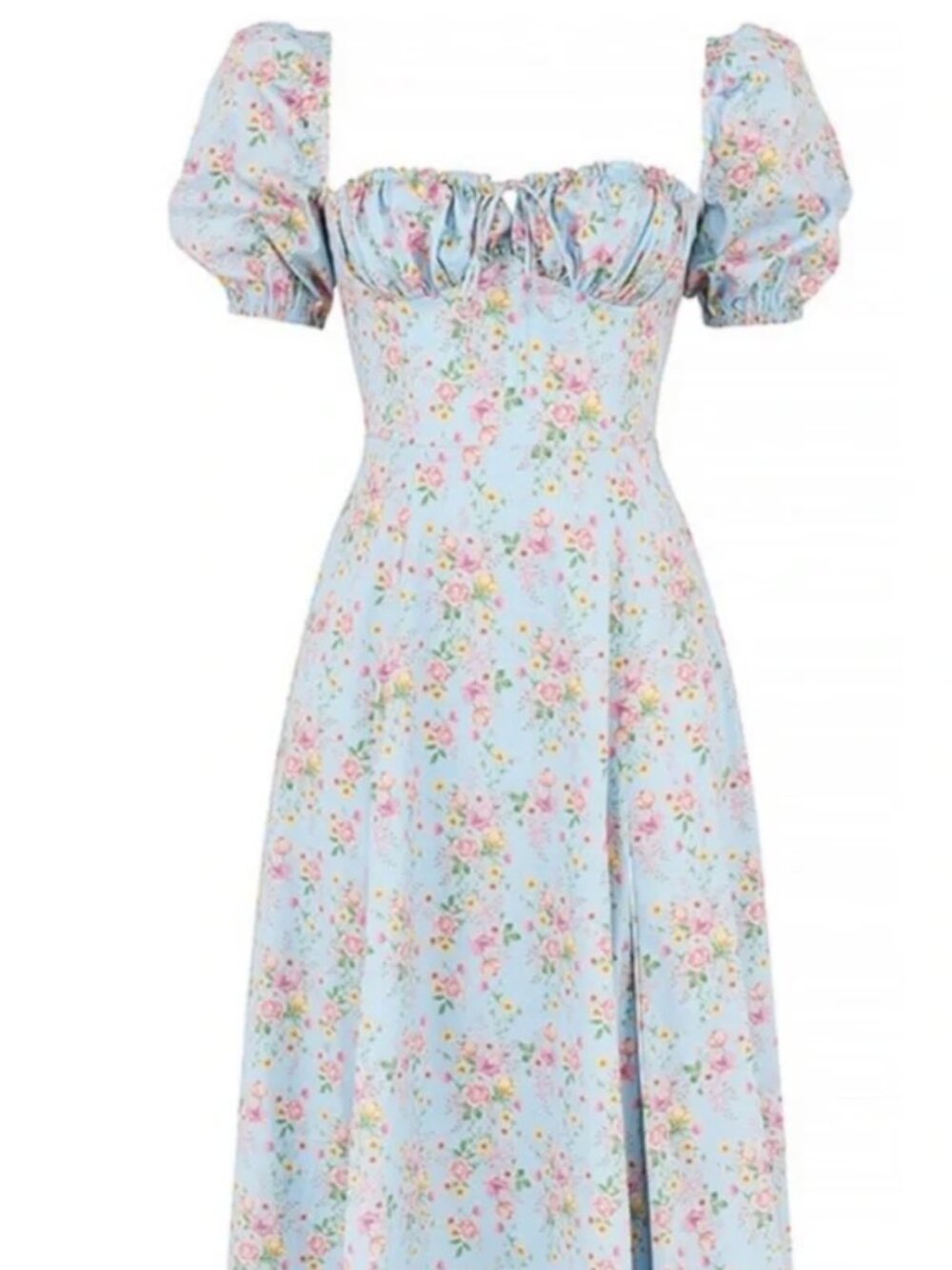 House of CB Tallulah Blue Vintage Floral Puff Sleeve Midi Dress XS
